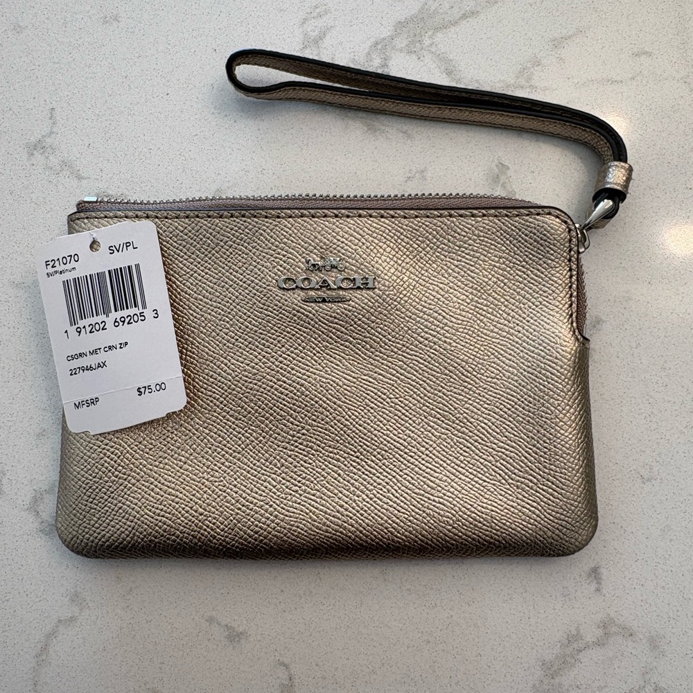 COACH Metallic Silver Leather Wristlet Clutch